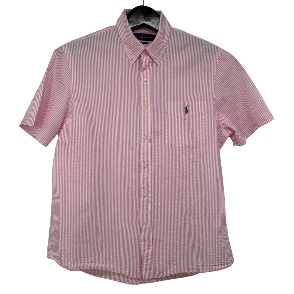 Polo Ralph Lauren Mens Pink White Seersucker Striped Short Sleeve Shirt L Preppy